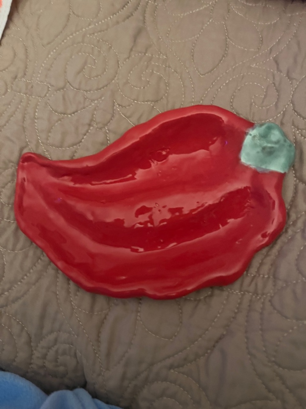 Handcrafted Red Ceramic Pepper Tray with Aqua Stem Accent